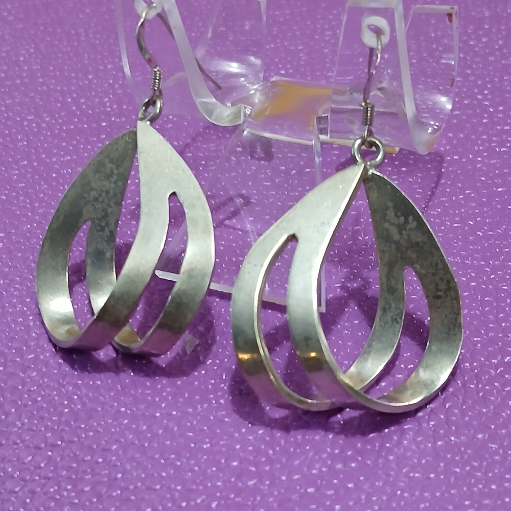 MEXICO 925 Sterling Silver Vintage Smooth Cutout Design Drop Earrings